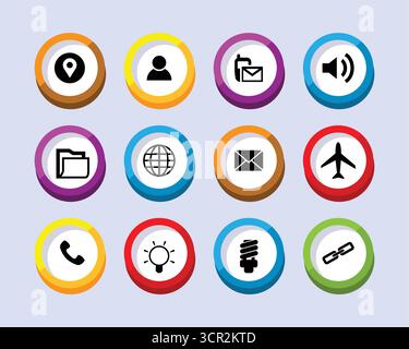 Sammlung farbenfroher kreisförmiger Symbole, die verschiedene digitale und Kommunikationsfunktionen darstellen Stock Vektor