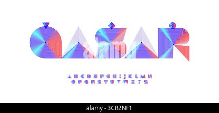 Neonlogoschriftart mit geometrischer Linie, konzentrische Streifenbuchstaben mit Dreieck, Pyramide, Kreis, Quadrat. Futuristisches Metallic-Verlaufsalphabet für Tech-Logos Stock Vektor