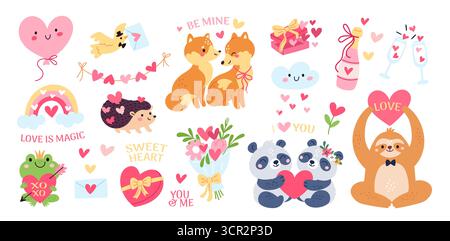 Liebe und romantische Elemente. Comic lustige Tiere, Fauna-Charaktere zum valentinstag, süße Pandas, Füchse und Froschaufkleber, Geschenke und Blumen Stock Vektor