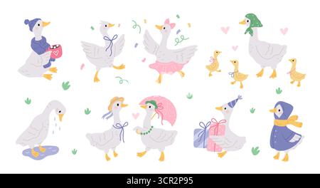 Lustige Hausgänse. Bauernhofvögel, Zeichentrickfiguren, niedliche kleine Gänse, verliebtes Paar, Muttergans im Kopftuch, kindliche Dekoration Stock Vektor