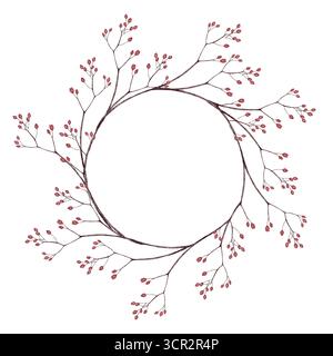 Dünne Zweige mit roten Beeren bilden einen runden Kranz, Aquarellzeichnung im trockenen Blumenstil. Perfekt für Einladungen, Karten, rustikales Dekor, Weihnachtsrahmen, Verpackung und Hochzeitsdesign. Stockfoto