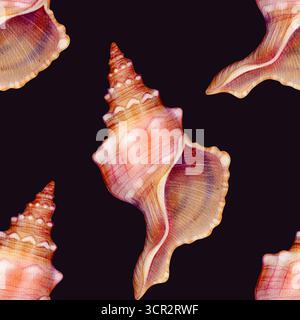 Nahtloses Muschelmuster, Aquarellzeichnung. Perfekt für Stoffe, Verpackungen, Strandmotive, Geschenkpapier, Tapeten, digitales Scrapbooking und Sommerdekoration. Stockfoto