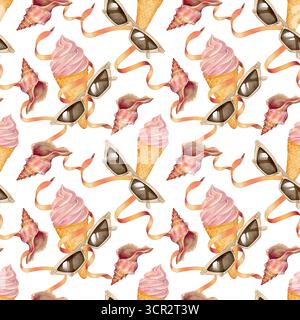 Nahtloses Muster mit Eiskegel, Muscheln und Sonnenbrille mit Bändern. Handgemalte Aquarellillustration auf weißem Hintergrund. Ideal für Sommerdesign, Textilien, Karten und Geschenkpapier. Stockfoto