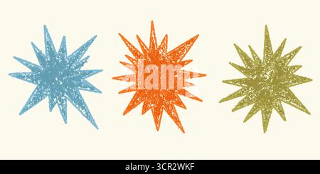 Sternformen mit Buntstiften. Handgezeichnete Kreide- und Pastellstift-Skizze. Vektor Grunge Textur niedliche Elemente für Collage. Kinderzeichnungen mit Funkeln und Funkeln Stock Vektor