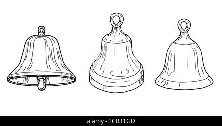 Glocken, eine Reihe von Silhouetten, Skizze. Vektorabbildung. Traditionelle Dekoration, isoliert auf weißem Hintergrund. Für Postkarten, Einladungen, Neujahr Stock Vektor