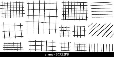 Grunge-Effekt mit quadratischem Raster für Notizbücher, Tagebücher und Notizen. Schwarze Kreidelinien und Schachbrettelemente. Vektorclip Art. Stock Vektor