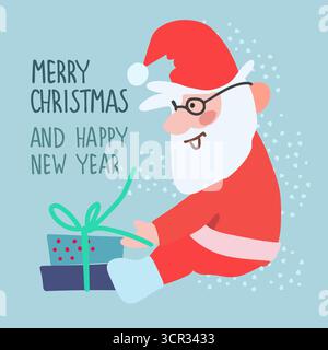 Frohe Weihnachten und Happy New Year Grußkarte. Handgezeichneter lustiger Weihnachtsmann mit Geschenkpaketen Stock Vektor
