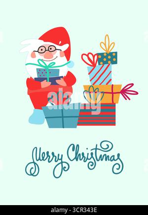 Frohe Weihnachten Grußkarte Design. Handgezeichneter lustiger Weihnachtsmann mit Geschenkpaketen Stock Vektor