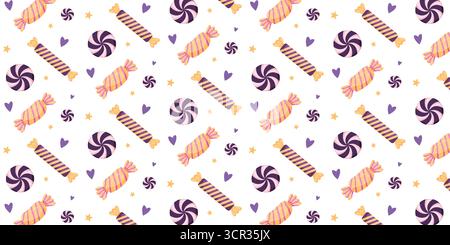Süßigkeiten-Muster mit eingewickelten Bonbons, gestreiften Süßigkeiten, Herzen und Sternen. Lustig und festlich Stock Vektor