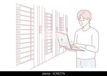 Männlicher Ingenieur mit Laptop, der neben dem Serverraum mit Computern steht. Man IT-Spezialist, der in Rechenzentren in der Nähe von Server-Racks arbeitet. Vektorgrafik. Stock Vektor