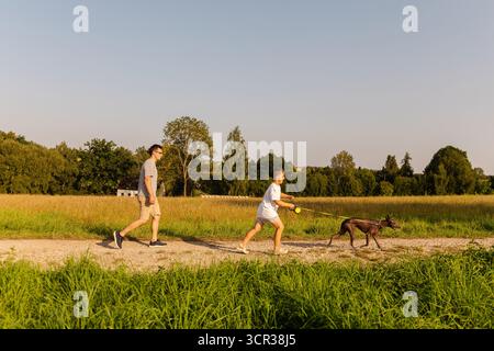 Ein Mann und sein Sohn machen einen gemütlichen Spaziergang mit ihrem Hund an einem sonnigen Tag. Sie schlendern auf einem von hohen Gras und Bäumen umgebenen Pfad und genießen es Stockfoto