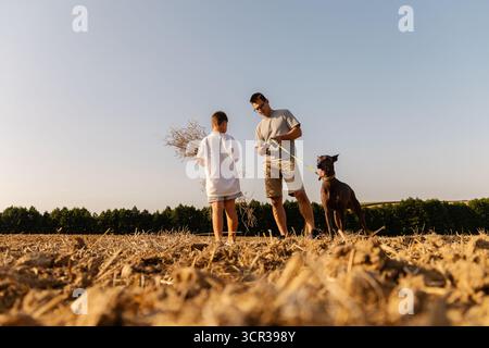 Ein Mann und sein Sohn spazieren zusammen auf einem offenen Feld, begleitet von ihrem freundlichen Hund. Die Sonne scheint hell, wenn sie sich über einfache Outdoor-Unterhaltung verbündet Stockfoto