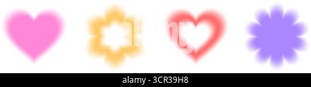 Y2K-Aura-Unschärfe-Formen mit weichen Farbverläufen – rosafarbenes Herz, gelbe Blume, rotes Liebessymbol und lila Blüte. Stock Vektor