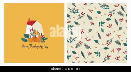 Set aus Happy Thanksgiving Karte und Muster für Feiertagsverpackungen, Wohnkultur und Textilien mit Landhaus, Kürbisse Stock Vektor