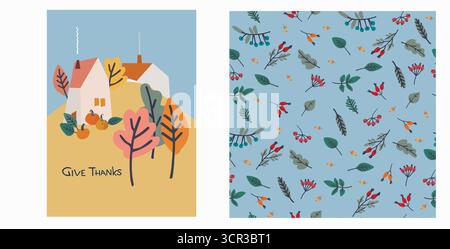 Set aus Happy Thanksgiving Karte und Muster für Feiertagsverpackungen, Wohnkultur und Textilien mit Landhaus, Kürbisse Stock Vektor
