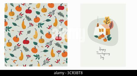 Set aus Happy Thanksgiving Karte und Muster für Feiertagsverpackungen, Wohnkultur und Textilien mit Landhaus, Kürbisse Stock Vektor