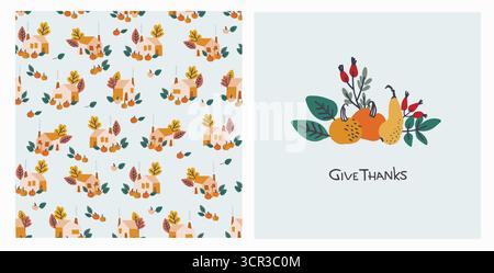 Set aus Happy Thanksgiving Karte und Muster für Feiertagsverpackungen, Wohnkultur und Textilien mit Landhaus, Kürbisse Stock Vektor