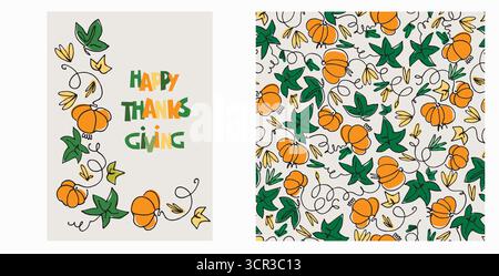 Set aus Happy Thanksgiving Karte und Muster für Feiertagsverpackungen, Wohnkultur und Textilien mit Landhaus, Kürbisse Stock Vektor