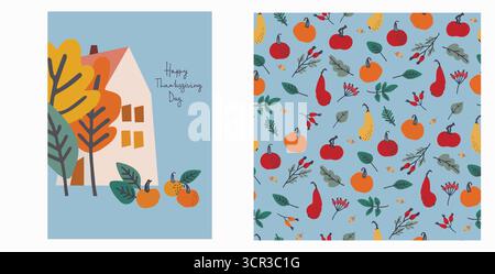 Set aus Happy Thanksgiving Karte und Muster für Feiertagsverpackungen, Wohnkultur und Textilien mit Landhaus, Kürbisse Stock Vektor