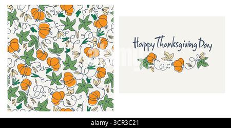 Set aus Happy Thanksgiving Karte und Muster für Feiertagsverpackungen, Wohnkultur und Textilien mit Landhaus, Kürbisse Stock Vektor