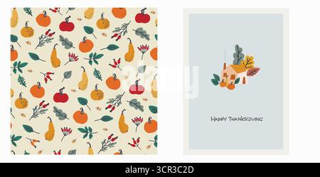 Set aus Happy Thanksgiving Karte und Muster für Feiertagsverpackungen, Wohnkultur und Textilien mit Landhaus, Kürbisse Stock Vektor