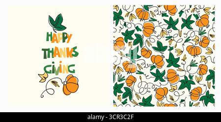 Set aus Happy Thanksgiving Karte und Muster für Feiertagsverpackungen, Wohnkultur und Textilien mit Landhaus, Kürbisse Stock Vektor