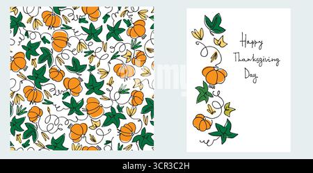 Set aus Happy Thanksgiving Karte und Muster für Feiertagsverpackungen, Wohnkultur und Textilien mit Landhaus, Kürbisse Stock Vektor