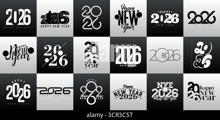 Happy New Year 2026 Logo Text Design mit Symbolen Kollektion. Zahlen- und Typografie-Schriftzüge isoliert auf weißem und schwarzem Hintergrund. Weihnachten Stock Vektor
