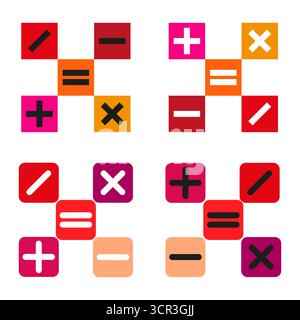 Symbole für mathematische Operationen. Plus-Minus-Symbole. Bunte Vektorillustration. Design der Taschenrechnertasten. EPS 10. Stock Vektor