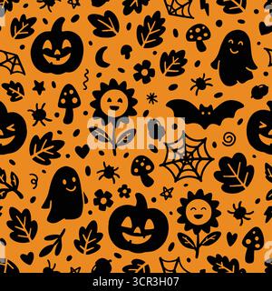 Niedliches, nahtloses Halloween-Muster. Vektorabbildung Hintergrund mit flachem Design. Stock Vektor