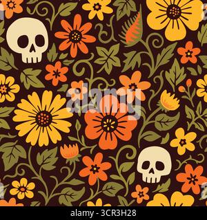 Nahtloses Muster für Skulls and Flowers. Vektorabbildung Hintergrund mit flachem Design. Stock Vektor