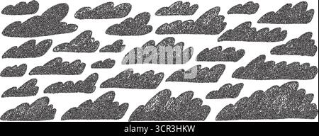 Rauschpunkte Textur Wolken gesetzt. Naive Sky Grainy Textfelder Black Pack. Aktivkohlehalterelemente. Kritzeln Sie bei bewölktem Wetter Sprachblasen. Vektorkoll Stock Vektor