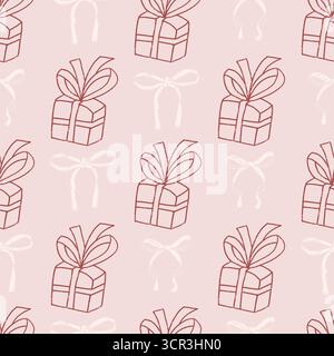Coquette Party Party Buntstift nahtloses Muster. Geschenkboxen mit endlosem Hintergrund. Mädchenhafte festliche Bögen und Geschenkhülle. Oberflächenmuster birt Stock Vektor