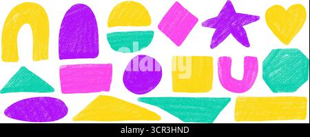 Marker gezeichneter geometrischer Formsatz. Textfelder in auffälligen Neonfarben für Kinderrahmen. Ovale, Kreis- und Herzfiguren. Vektor Hand gezeichnete Dreiecke und St Stock Vektor