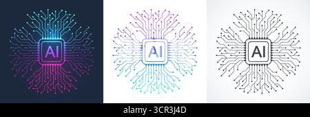 Symbol für künstliche Intelligenz, Schild, Logo im Stil der Circuit Line. Flaches Design des Vektorsymbols für KI-Prozessoren. Motherboard Digital Chip AI. Maschine Stock Vektor