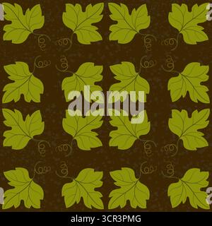 Herbstliches nahtloses Muster grüner Kürbisblätter. Weihnachtsblumenschmuck der Blätter auf dunkelbraunem Hintergrund. Herbstliche Pflanzenvektorillustration. Sturz Stock Vektor