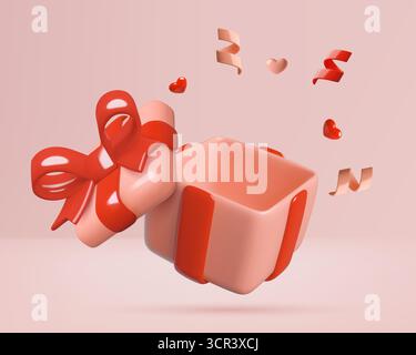 Die rote Geschenkbox wurde innen leer geöffnet und explodierte mit Herzen und Konfetti 3D realistischer Illustration Stock Vektor