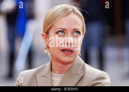 Rom, Italien. September 2025. Roma, Italien. September 2025. La presidente del Consiglio Giorgia Meloni a Palazzo Chigi in Occasione dellÕincontro con il presidente della Repubblica della Guinea Bissau Umaro Sissoco Embal-, Roma, Luned“ 29 Settembre 2025 (Foto Roberto Monaldo/LaPresse) Premier Giorgia Meloni im Chigi-Palast anlässlich des Treffens mit dem Präsidenten der Republik Guinea-Bissau Umaro Sissoco Sissoco Sissoco Sissoco Sissoco, Montag/Laberdo Presse (Foto: Monabo, Monalamo Presse, 29. September 2025) Stockfoto