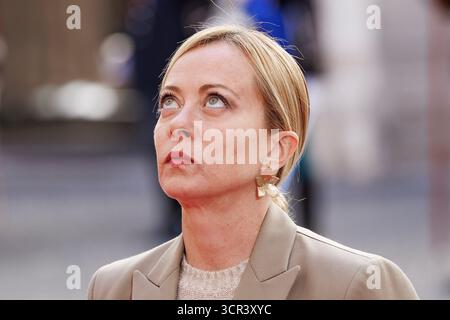 Rom, Italien. September 2025. Roma, Italien. September 2025. La presidente del Consiglio Giorgia Meloni a Palazzo Chigi in Occasione dellÕincontro con il presidente della Repubblica della Guinea Bissau Umaro Sissoco Embal-, Roma, Luned“ 29 Settembre 2025 (Foto Roberto Monaldo/LaPresse) Premier Giorgia Meloni im Chigi-Palast anlässlich des Treffens mit dem Präsidenten der Republik Guinea-Bissau Umaro Sissoco Sissoco Sissoco Sissoco Sissoco, Montag/Laberdo Presse (Foto: Monabo, Monalamo Presse, 29. September 2025) Stockfoto