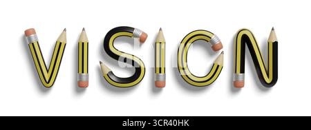 Das Wort „Vision“ wurde mit Bleistiften auf weißem Hintergrund geschrieben. 3D-Abbildung. Stockfoto