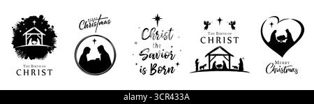 Die Geburt Christi und frohe Weihnachten kreatives Krippenset. Kreatives Design für Krippen-Grußkarte oder Kalendereinband. Vektorabbildung Stock Vektor