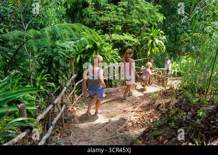 3-Generationen-Familie mit Kindern, die einen schmalen, unbefestigten Pfad durch üppigen tropischen Dschungel zum geheimen Wasserfall hinabfahren. Reise-Lifestyle im Sommerurlaub wi Stockfoto