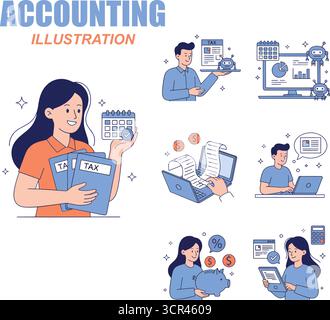 KI-Technologie im Finanz- und Rechnungswesen. Sammlung von Zeichen, die automatisierte Steuererklärung mit Algorithmen für künstliche Intelligenz vorbereiten, Maschine Stock Vektor