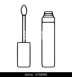 Minimalistische schwarz-weiße Vektor-Illustration einer offenen Lippenstiftröhre mit Applikator und seinem geschlossenen Behälter, perfekt für Schönheit und Make-up brandi Stock Vektor