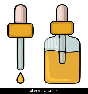 Einfache Vektor-Illustration eines Serumtropfers mit fallendem Tropfen und einer Serumflasche mit goldener Flüssigkeit, ideal für Kosmetik- und Beauty-Branding. Stock Vektor