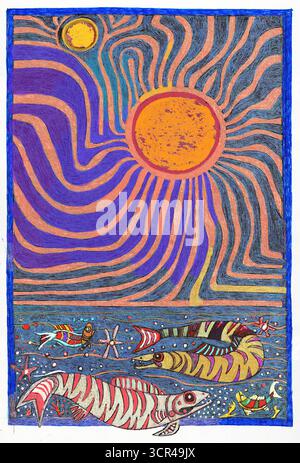 Lebendige abstrakte Kunst mit Sonne, wirbelnden Mustern und bunten Fischen im Meer. Stockfoto