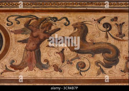 Ein androgyner geflügelter, teilmenschlicher Vogel trifft auf eine Meeresziege oder einen Ziegenfisch, die Steinbock-Zeichen des Zodiac-Symbols. Mythische hybride Kreaturen aus der Mitte des 16. Jahrhunderts, Spätrenaissance, manieristische Grotesken Fresko im ersten Innenhof oder Cortile di Michelozzo des Palazzo Vecchio, dem mittelalterlichen Rathaus auf der Piazza della Signoria, Florenz, Toskana, Italien. Stockfoto
