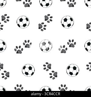 Nahtloses Schwarz-weiß-Stoffmuster mit Fußball- und Pfotenmuster Stock Vektor