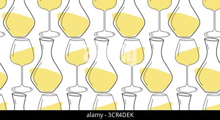 Dekanter und breiter Becher mit abstrakten Flecken als Weißwein. Nahtloses Muster Banner-Format Weintag. Isolierte Vektor-Illustration Wein Thematische Karten Hintergrund Poster Banner, Faltblätter Preis-Etikett Stock Vektor
