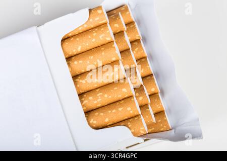Zigaretten ordentlich in einer offenen Packung auf einem schlichten Hintergrund angeordnet Stockfoto